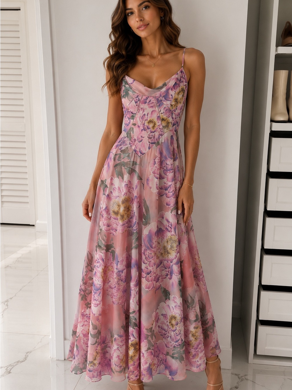 House of CB Pink Floral Cowl-Neck Maxi Dress